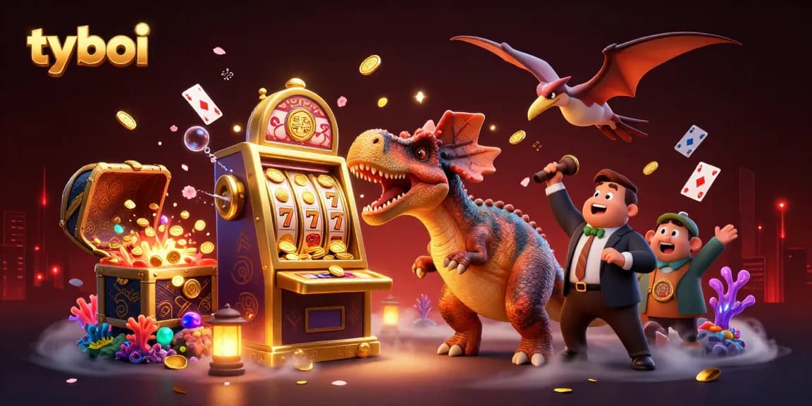 Experience tyboi's thrilling jackpot excitement with vibrant casino elements in a dynamic 3D illustration.