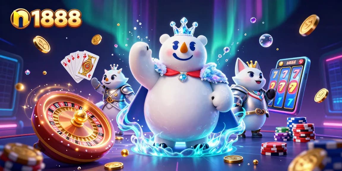 Experience the thrill of n1888 with a vibrant 3D illustration featuring casino games and immersive characters.