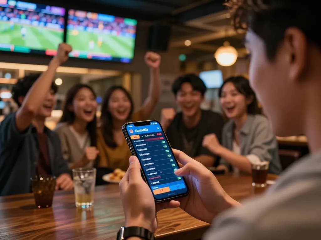 Betting on Fun88 via smartphone in a vibrant sports bar during live events.