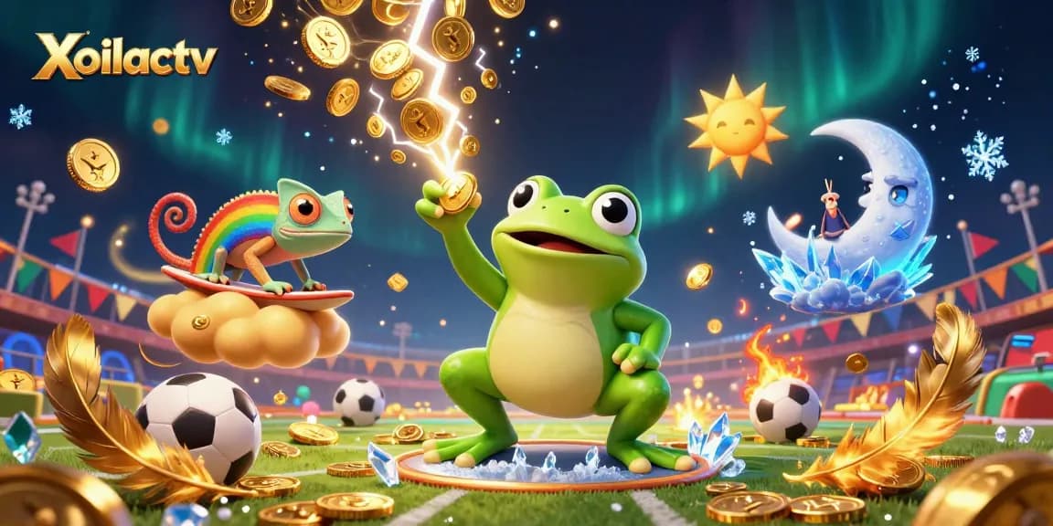 Xoilactv showcases a lively sports betting scene with characters amidst a whirlwind of golden coins and dynamic sports elements.