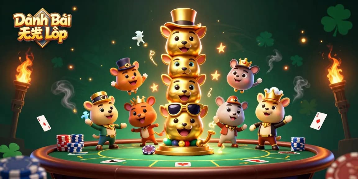 Engage in Đánh Bài Tiên Lên with a vibrant 3D poker scene featuring a charismatic totem and dynamic gaming elements.