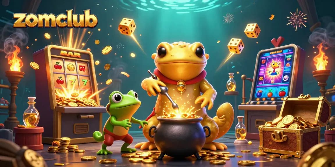 Zomclub offers thrilling casino experiences with vibrant characters amidst gold coins and slot machines.