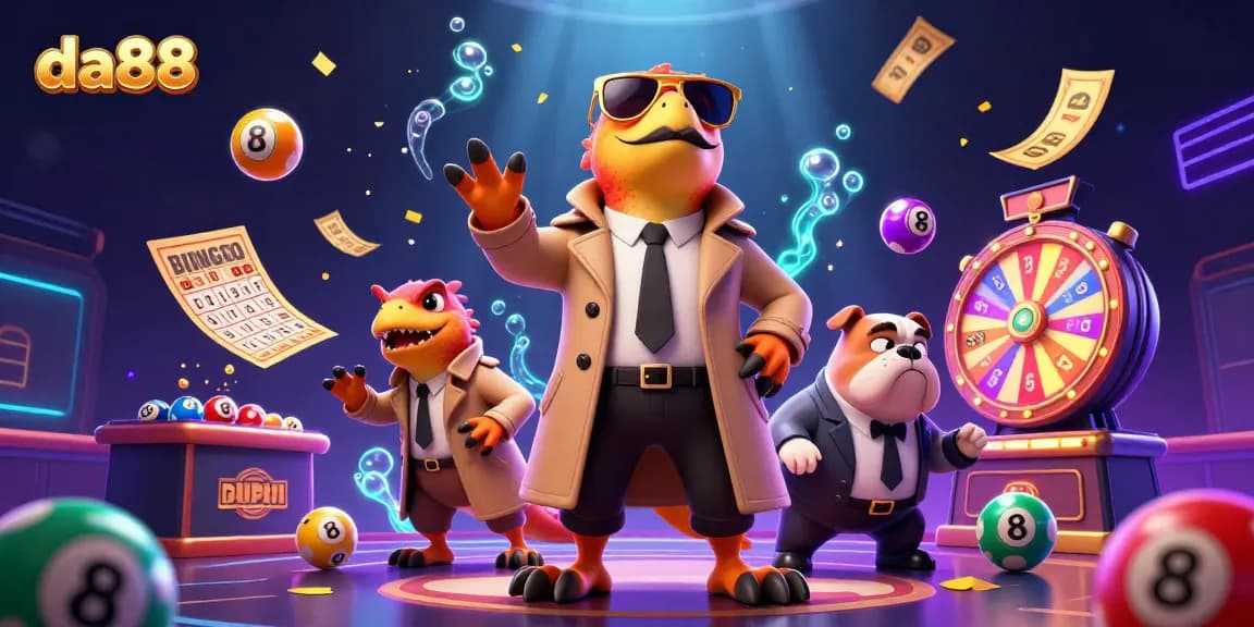 Experience da88's lively casino essence with cartoon raptors amusingly entering a VIP lounge filled with lottery excitement.