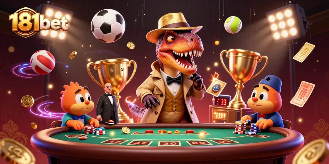 Win big with 181bet at a dynamic casino scene featuring a playful velociraptor card counter.