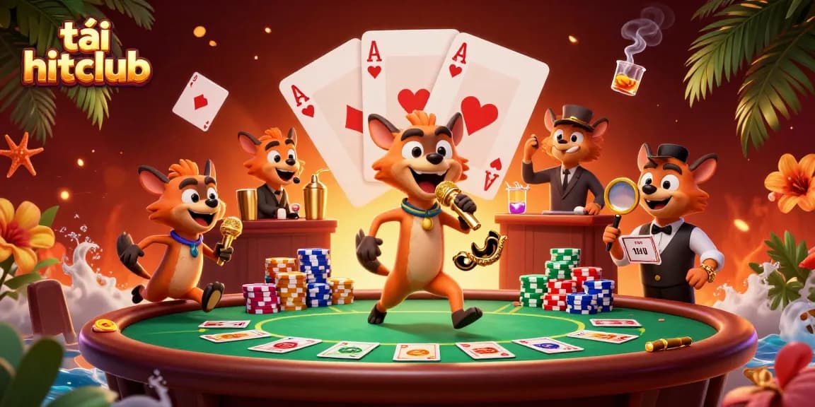 Experience excitement and win at tải hitclub with vibrant 3D casino illustration showcasing lively hyenas in action.