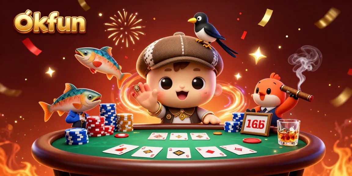 Engage with the thrilling world of okfun, featuring a vibrant casino scene with playful characters and dynamic poker elements.