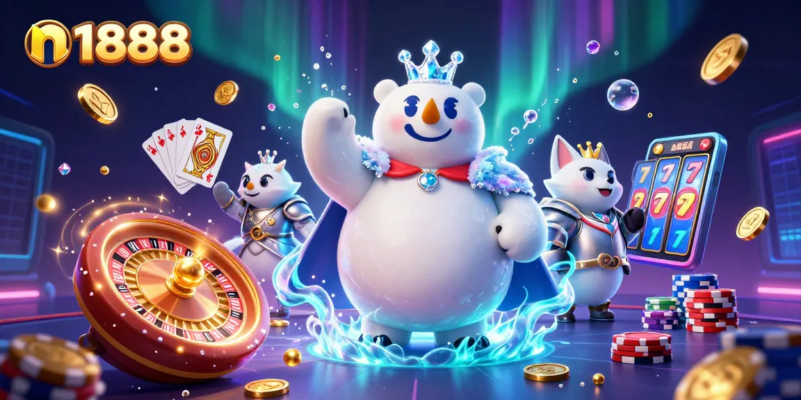 Experience the thrill of n1888 with a vibrant 3D illustration featuring casino games and immersive characters.
