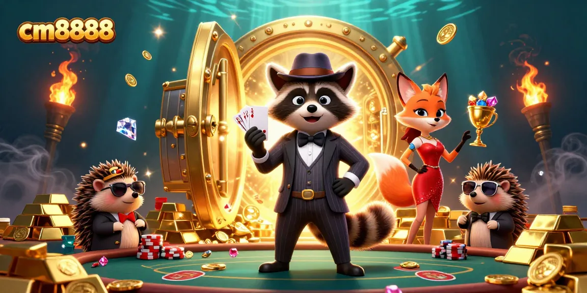 Experience thrilling wins at cm8888 with a raccoon holding a royal flush surrounded by poker excitement.