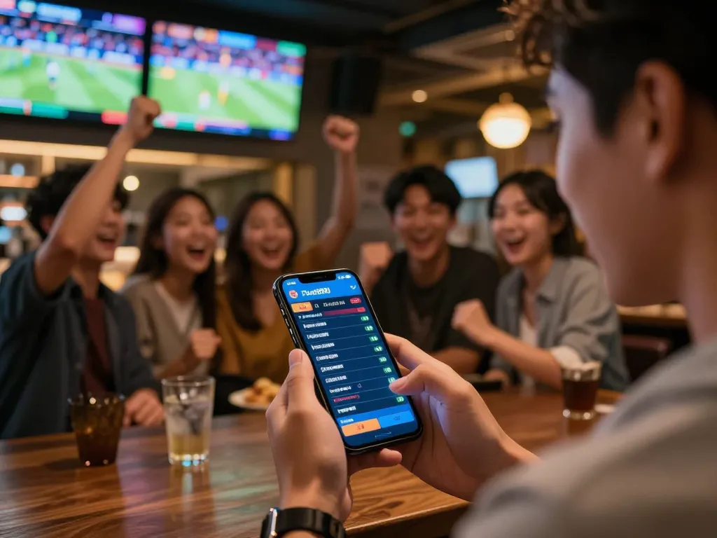 Betting on Fun88 via smartphone in a vibrant sports bar during live events.
