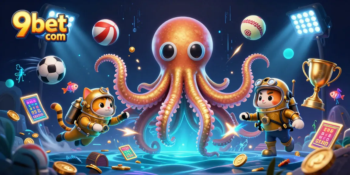 Experience thrilling moments at 9bet com with a stunning casino scene featuring a kraken and diving cat.