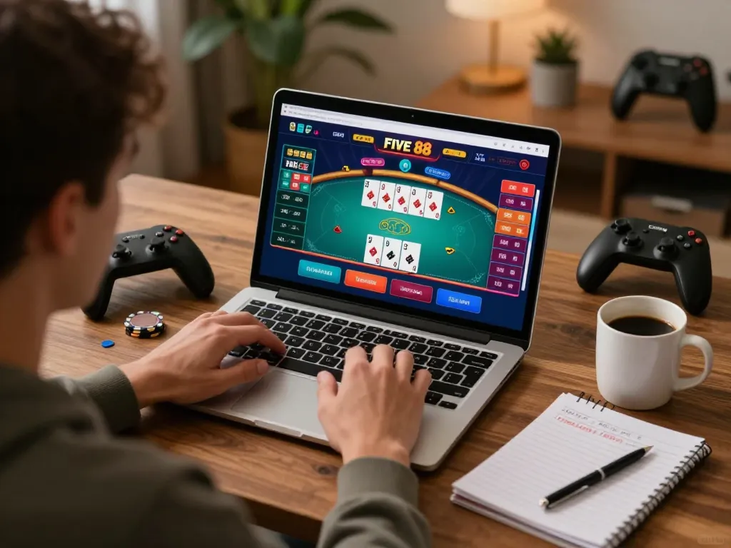 Player engaged in strategic gameplay on Five 88 online casino platform with warm home atmosphere.
