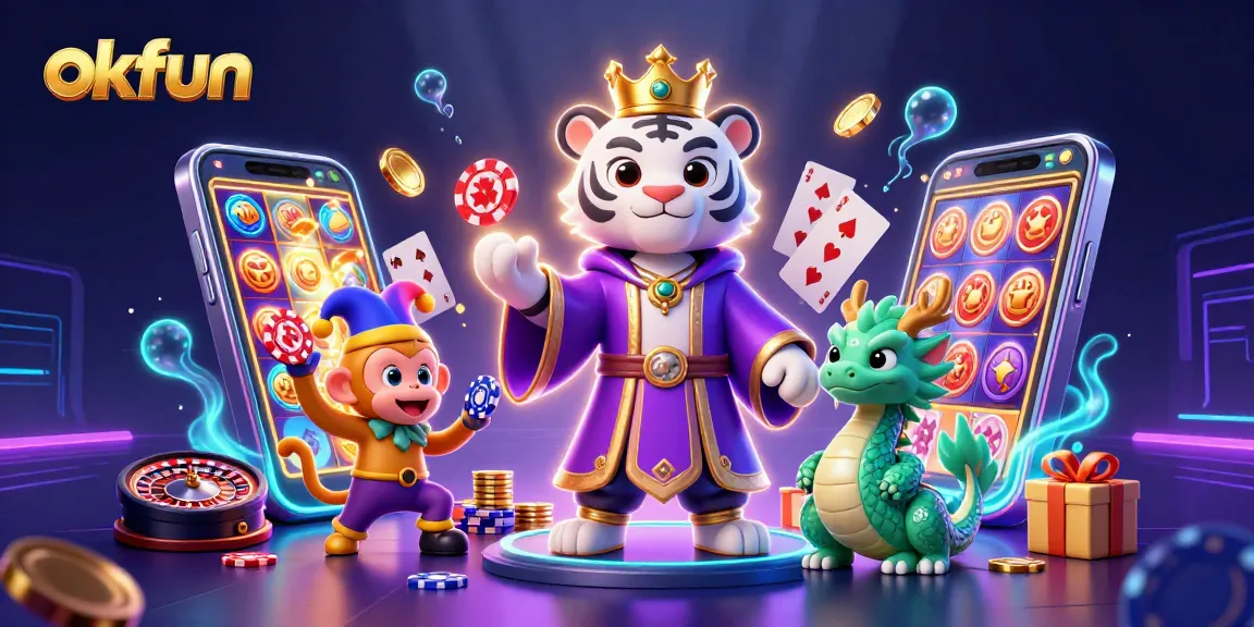 Engage in thrilling gaming with okfun, showcasing a vibrant casino scene with lively characters and dynamic slot games.
