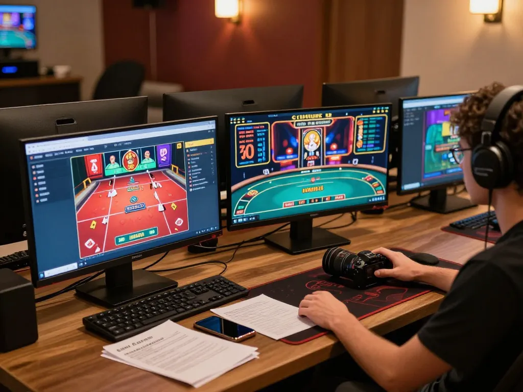 Lode88 highlights online gambling excitement with a player engaged in multiple casino games.