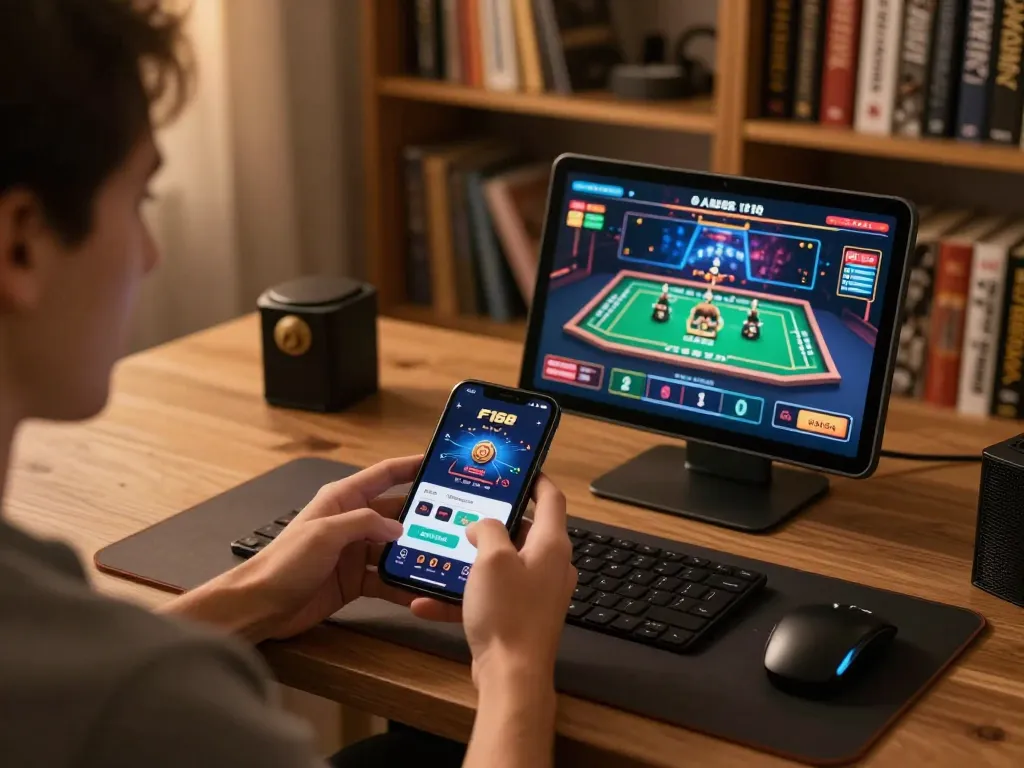 Engaging with the F168 online casino app on a smartphone in a stylish home setup.