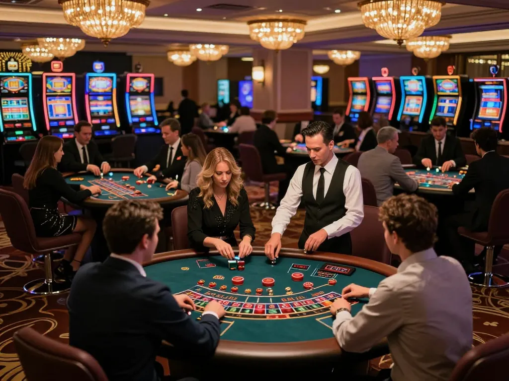 Players enjoying high-stakes gameplay at Vin 88's elegant casino floor, showcasing excitement and strategy.