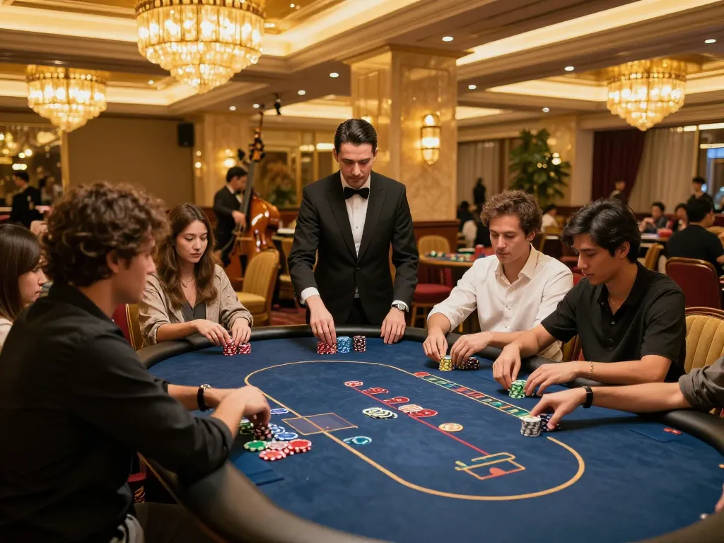 Fabet players strategically betting in a luxurious poker game at an upscale casino.