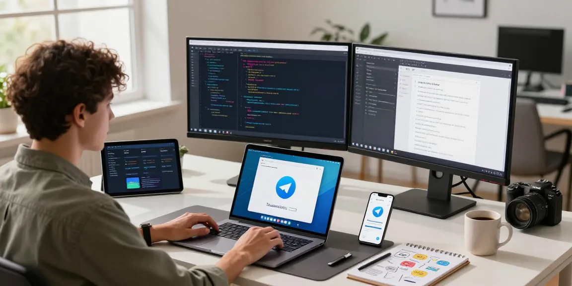 Download Telegram app interface showcased on a modern desktop setup with dual monitors and tech gadgets.