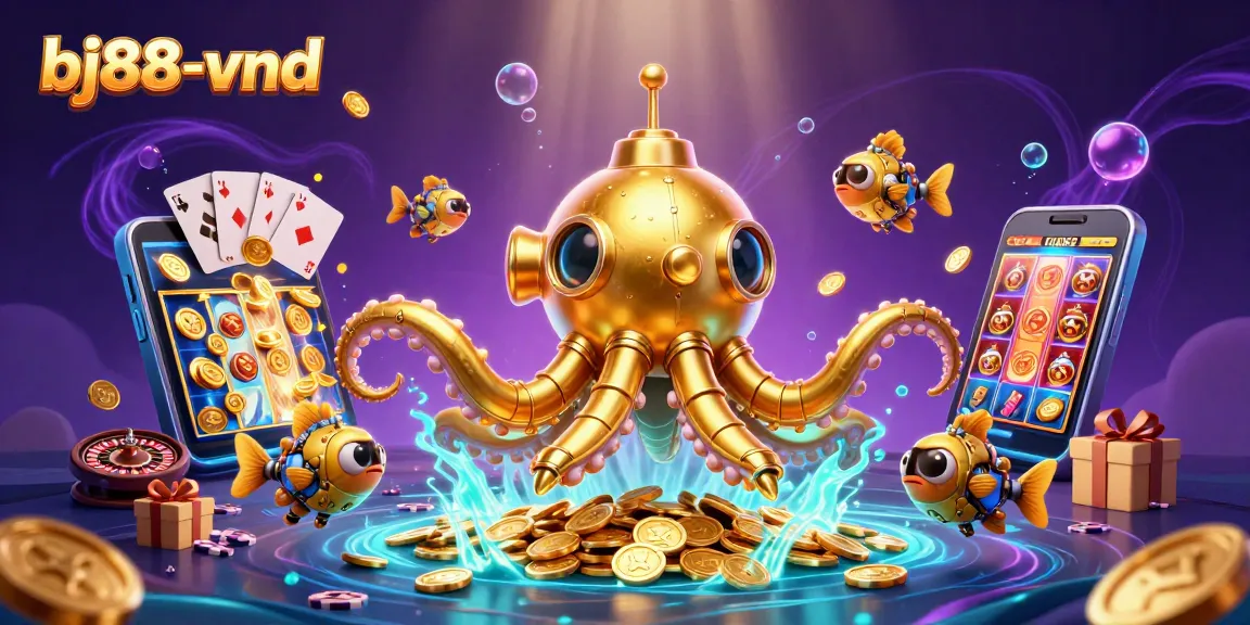 Engage with bj88-vnd as a golden kraken explores a treasure of coins and gambling elements.