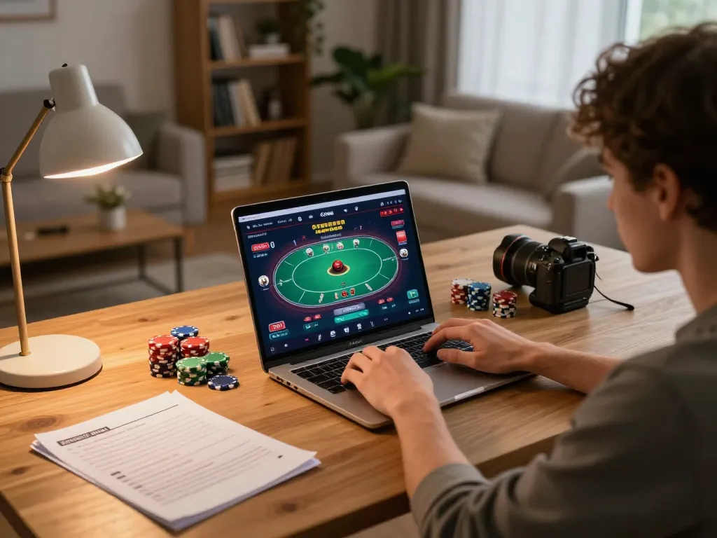 Experience intense gameplay on yo88 with person focused on laptop poker game interface in cozy home.