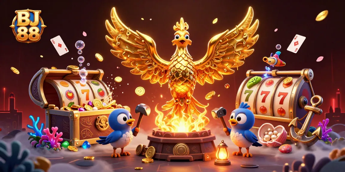BJ 88 showcases a vibrant casino scene with golden phoenix, spinning slots, and treasure chests, offering exciting betting opportunities.