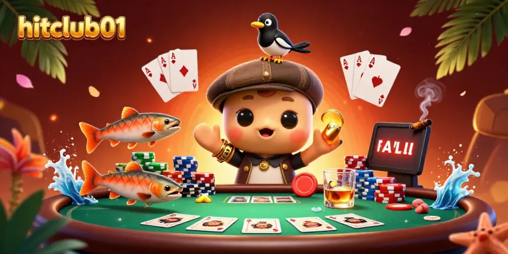 Engage with hitclub01's exciting poker scene featuring cartoon characters, vibrant casino elements, and playful design.