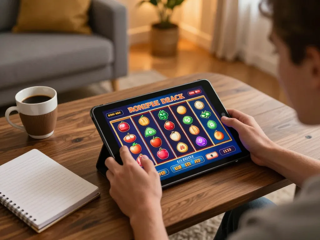 Engaging online gambling scene with a player using okfun slots app on a tablet in a cozy setting