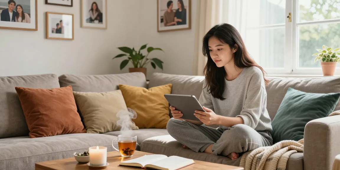 A woman interacts with her girlfriend AI on a tablet in a cozy living room, showcasing emotional connection and personal intimacy.