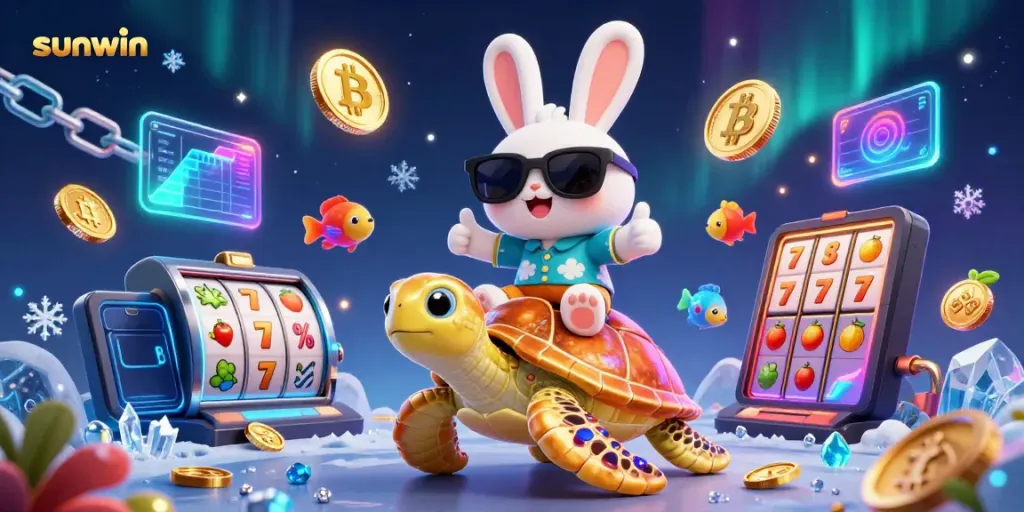 Experience thrilling gameplay with sunwin as the adorable lucky rabbit rides a gem-encrusted turtle in a vibrant casino scene.