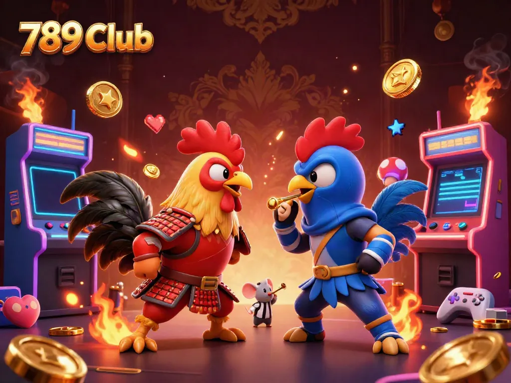 Experience thrilling action at 789 Club with fighting roosters amidst vibrant gaming machines.