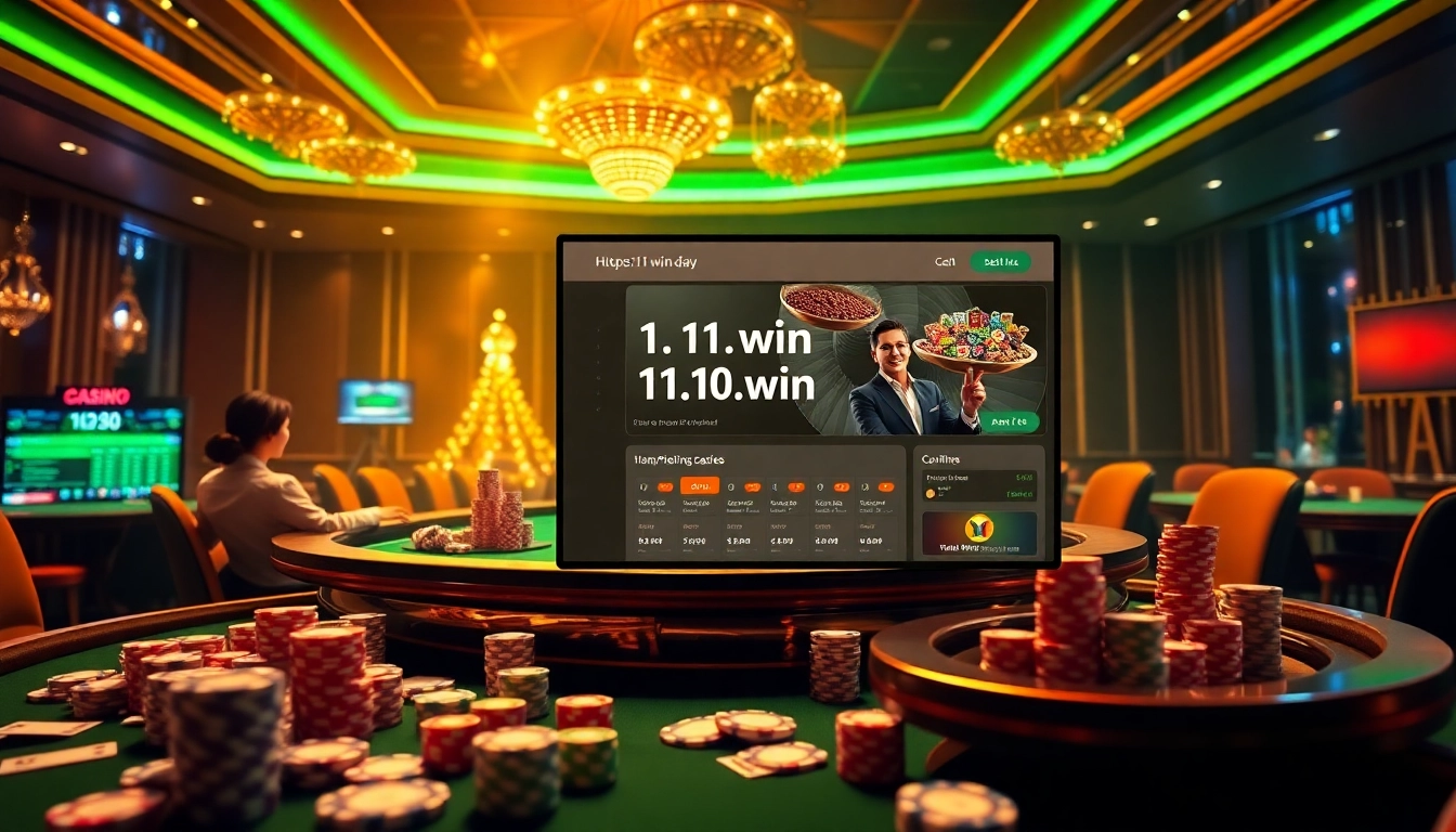 Betting excitement at https://11win.day/ featuring elegant casino tables and colorful poker chips.