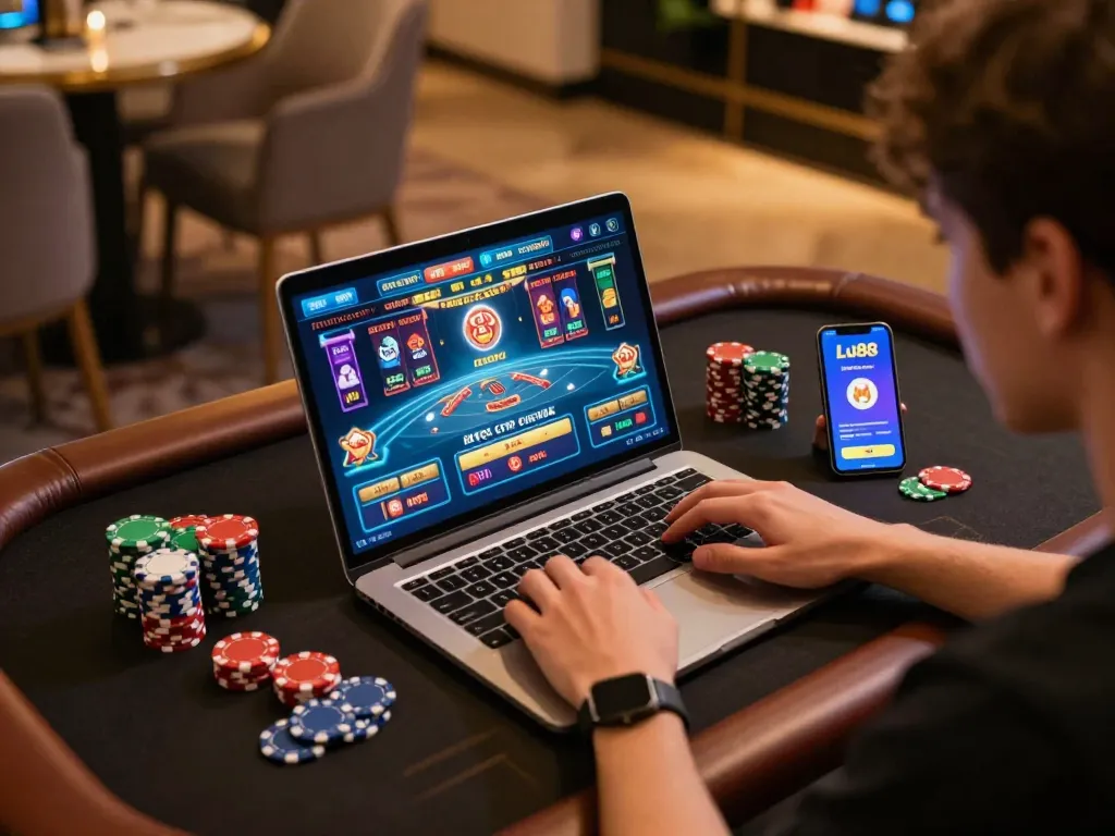 Experience thrilling gameplay at Lu88 com with an engaging online casino setup featuring poker chips and a vibrant gaming screen.