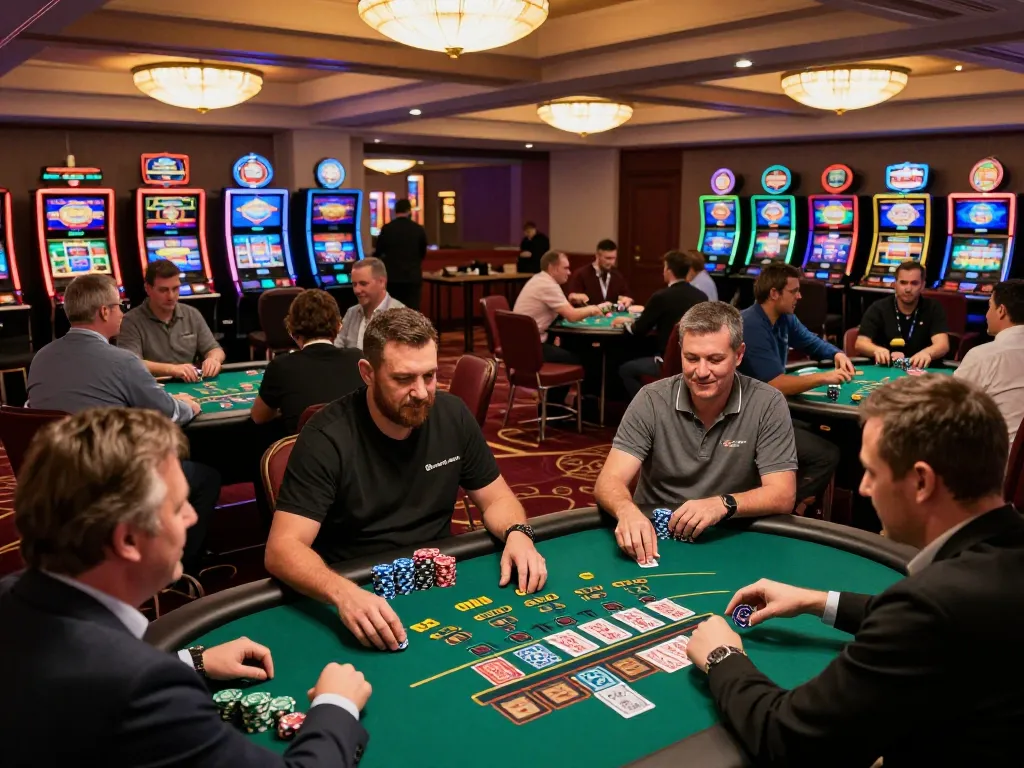 Players actively engaging at FUN79 TODAY blackjack tables in an upscale casino.