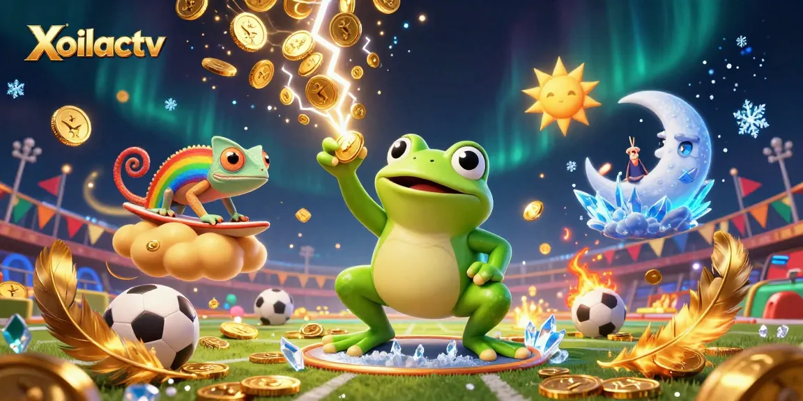 Xoilactv showcases a lively sports betting scene with characters amidst a whirlwind of golden coins and dynamic sports elements.