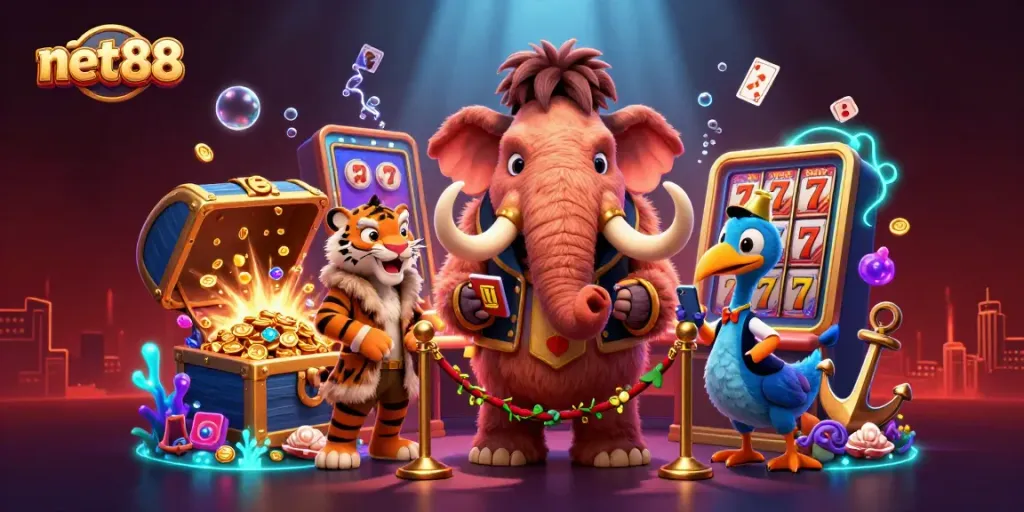 Experience the excitement of net88 with a dynamic 3D casino scene featuring unique characters and casino elements.