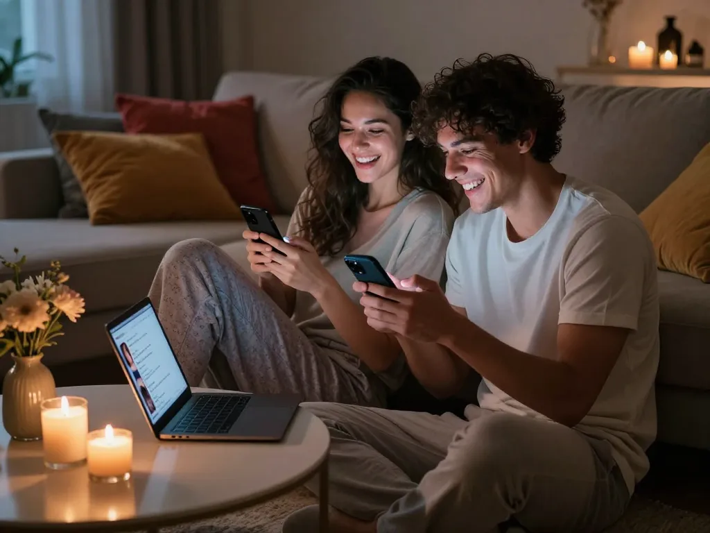 Couple enjoying playful sexting ai interactions in a cozy living room.