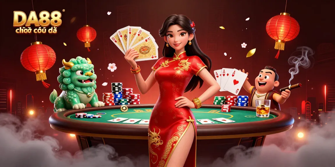 Experience the thrill of DA88 chơi cực đã with an elegant scene of poker action featuring 3D characters and casino elements