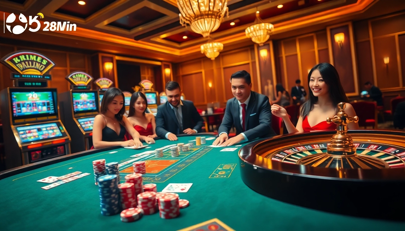 Gamblers enjoying a round at Nhà cái 78Win's thrilling casino table with vivid poker chips and cards.