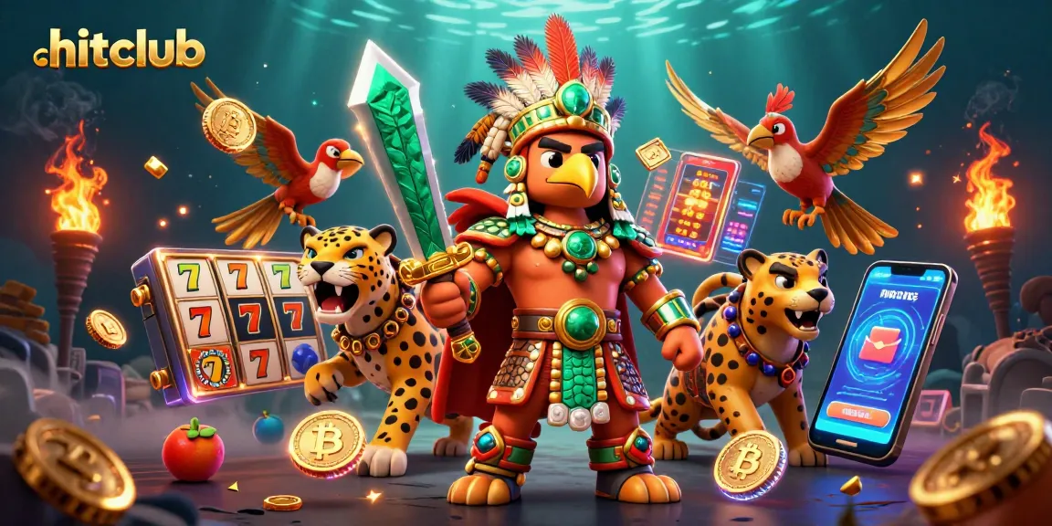 Hitclub brings excitement with vibrant slot reels and Aztec warriors in a 3D casino scene.