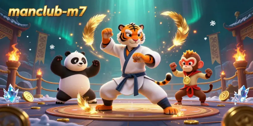 Experience the excitement of manclub-m7 with a dynamic 3D scene featuring playful characters amidst golden casino elements.