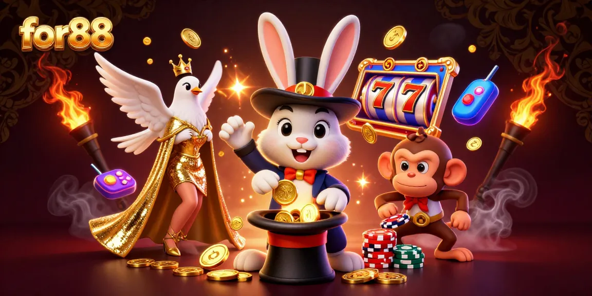 Experience winning moments with for88 in a vibrant casino scene featuring a magician and playful characters.