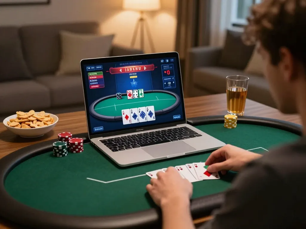 Engaging player at home enjoying online poker on laptop at five88cd, fostering strategic gameplay.
