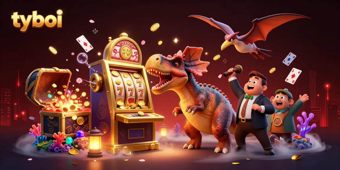 Experience tyboi's thrilling jackpot excitement with vibrant casino elements in a dynamic 3D illustration.