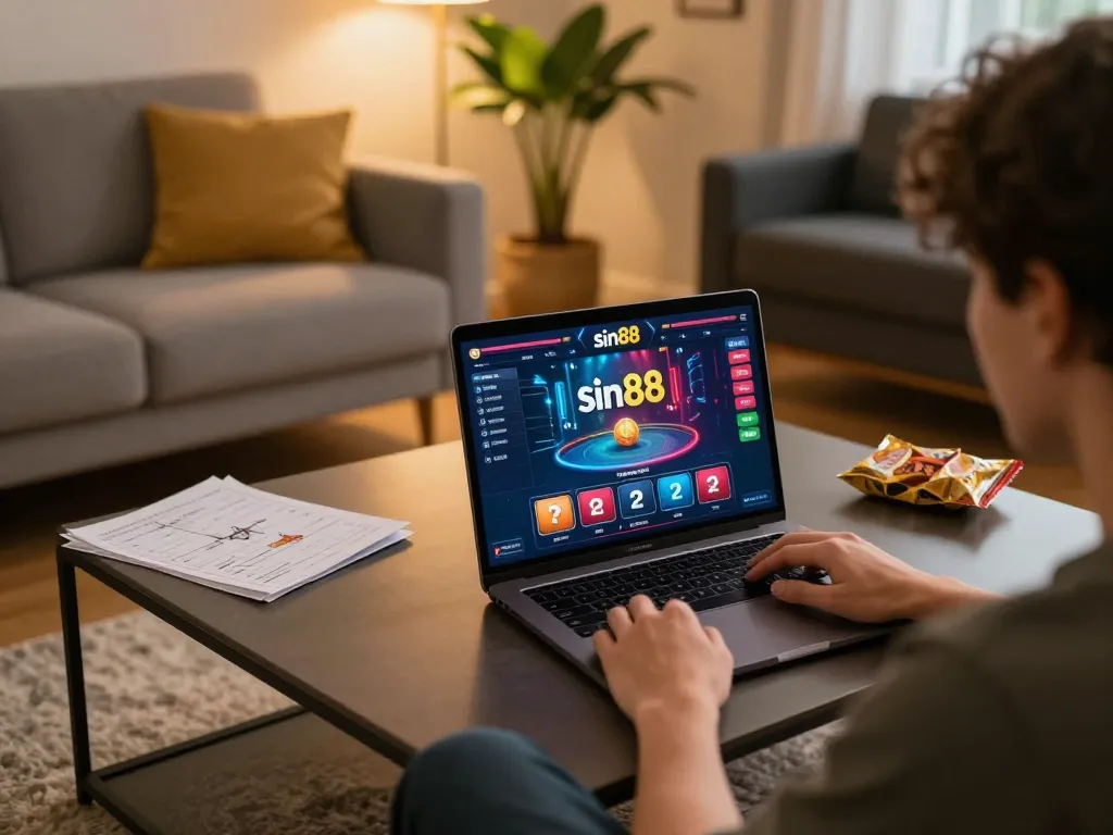 Engaging gameplay on sin88 platform shown on laptop, highlighting an interactive online gaming session in a cozy atmosphere
