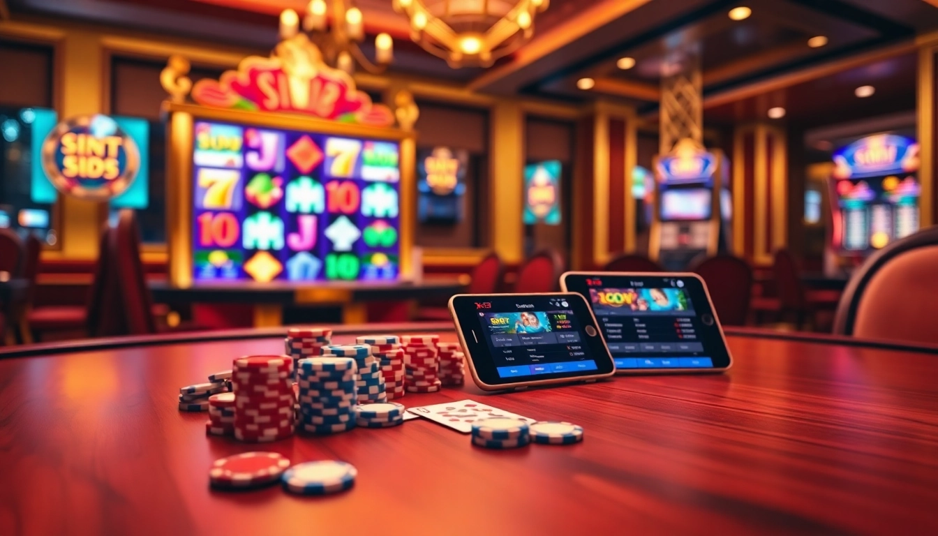 SIN88 casino scene with poker chips and vibrant slot machine reels spinning.