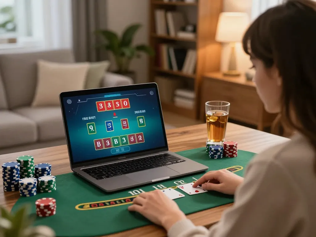 va88 player engaging in online blackjack from cozy home setup with laptop and chips