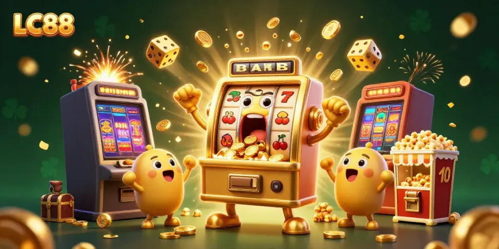 LC88's golden slot machine hits a jackpot, showering coins as baby slots cheer in a vibrant casino scene.