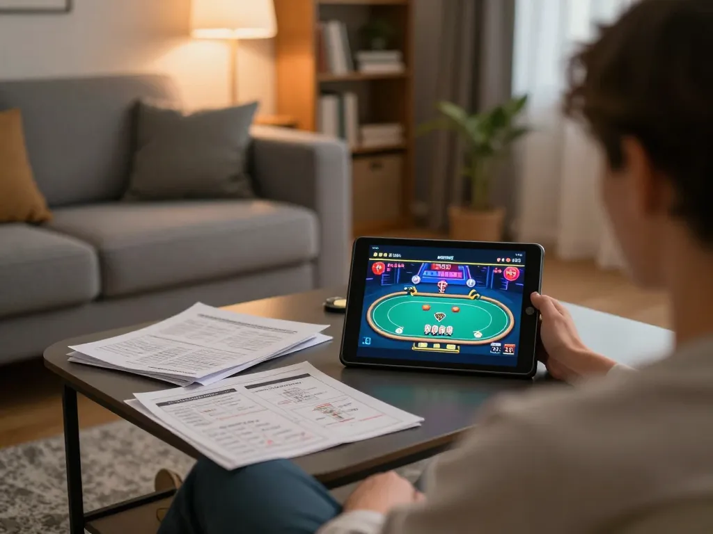 Dabet online poker gameplay on a tablet, casual setup with strategic notes visible