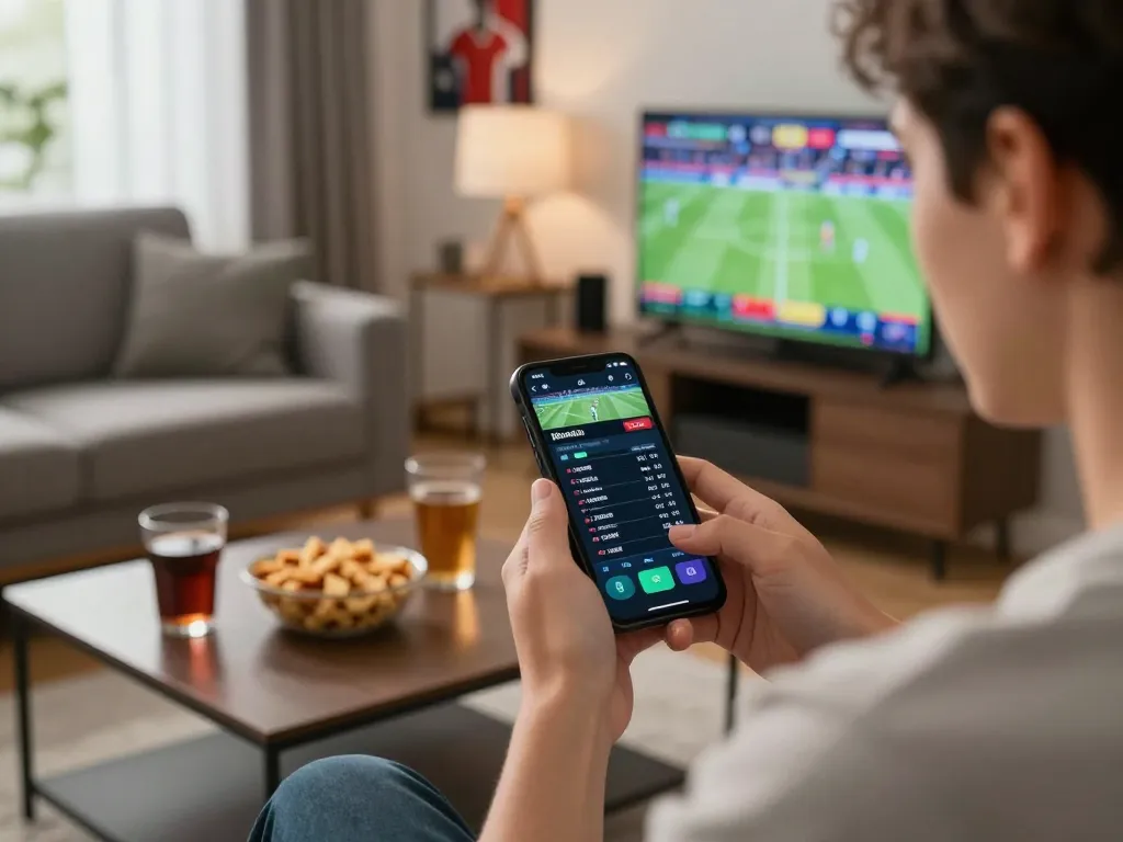 Betting enthusiast analyzing debet odds on smartphone during a game in a cozy living room.