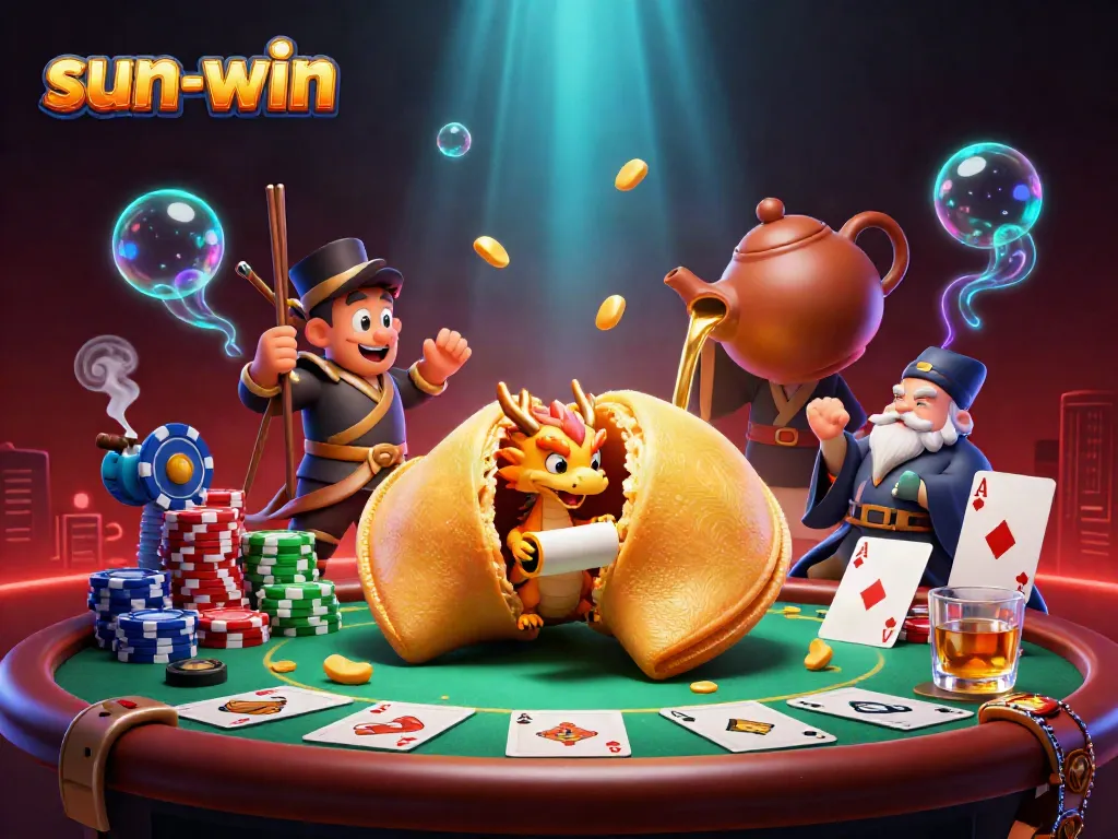 Experience thrilling gameplay with sun-win's vibrant 3D casino scene featuring golden cookie and poker elements.