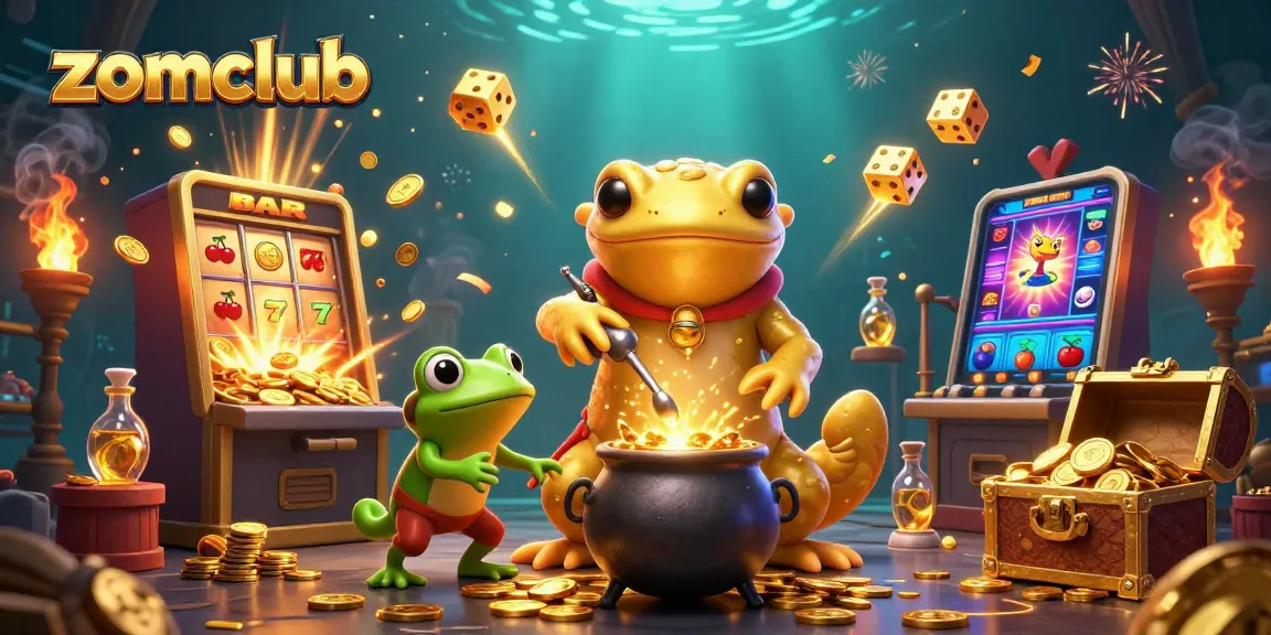 Zomclub offers thrilling casino experiences with vibrant characters amidst gold coins and slot machines.